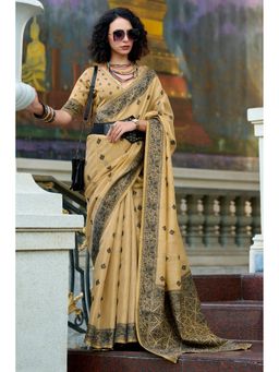 Mysilklove - Butter Beige Tissue Linen Saree with Unstitched Blouse