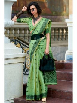 Mysilklove - Hunter Green Tissue Linen Saree with Unstitched Blouse