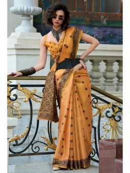 Mysilklove - Honey Orange Tissue Linen Saree with Unstitched Blouse