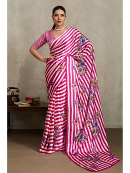 Mysilklove - Neon Pink Ajrakh Printed Satin Crepe Silk Saree with Unstitched Blouse