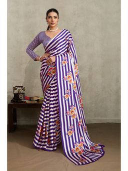 Mysilklove - Tacao Purple Ajrakh Printed Satin Crepe Silk Saree with Unstitched Blouse