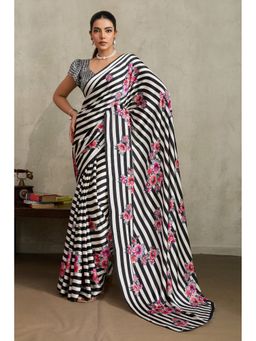 Mysilklove - Black Olive Ajrakh Printed Satin Crepe Silk Saree with Unstitched Blouse