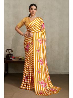 Mysilklove - Cyber Yellow Ajrakh Printed Satin Crepe Silk Saree with Unstitched Blouse