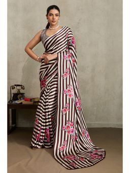 Mysilklove - Umber Brown Ajrakh Printed Satin Crepe Silk Saree with Unstitched Blouse