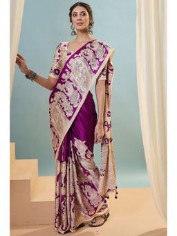 Mysilklove - Jam Purple Ajrakh Printed Satin Crepe Silk Saree with Unstitched Blouse
