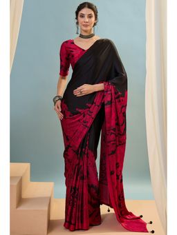 Mysilklove - Black Ajrakh Printed Satin Crepe Silk Saree with Unstitched Blouse