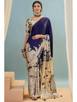 Mysilklove - Air Blue Ajrakh Printed Satin Crepe Silk Saree with Unstitched Blouse