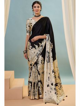 Mysilklove - Black Ajrakh Printed Satin Crepe Silk Saree with Unstitched Blouse