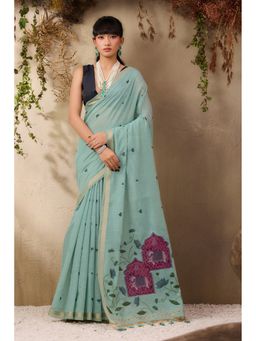 Mysilklove - Columbia Blue Handloom Cotton Saree with Unstitched Blouse