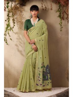 Mysilklove - Fern Green Handloom Cotton Saree with Unstitched Blouse