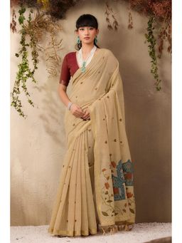 Mysilklove - Oyster Beige Handloom Cotton Saree with Unstitched Blouse
