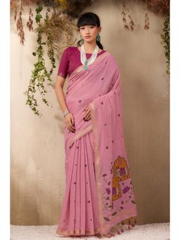 Mysilklove - Rose Pink Handloom Cotton Saree with Unstitched Blouse