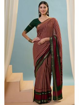 Mysilklove - Auburn Maroon Printed Cotton Saree with Unstitched Blouse