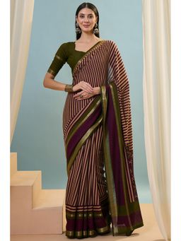 Mysilklove - Olive Green Printed Cotton Saree with Unstitched Blouse