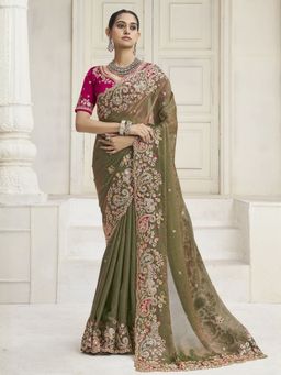 Odette - Olive Satin Embroidered Saree with Unstitched Blouse