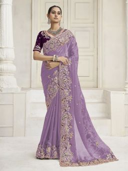 Odette - Lavender Satin Embroidered Thread Work Saree with Unstitched Blouse
