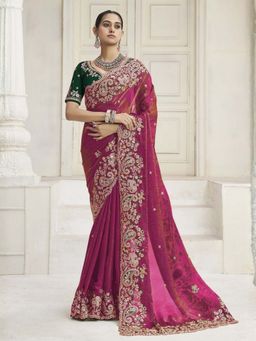Odette - Dark Pink Satin Embroidered Saree with Unstitched Blouse
