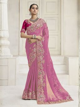 Odette - Light Pink Satin Embroidered Saree with Unstitched Blouse