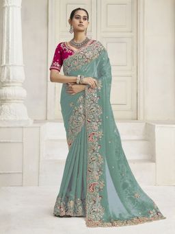 Odette - Green Satin Embroidered Thread Work Saree with Unstitched Blouse