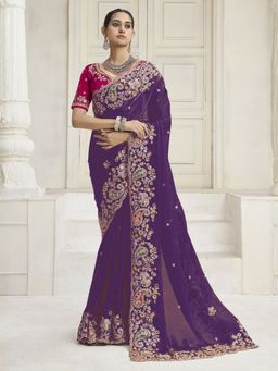Odette - Violet Purple Satin Embroidered Saree with Unstitched Blouse
