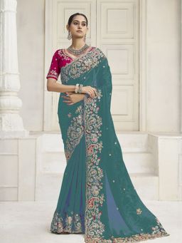 Odette - Teal Satin Embroidered Saree with Unstitched Blouse