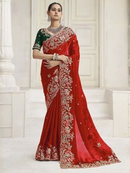 Odette - Red Satin Embroidered Saree with Unstitched Blouse