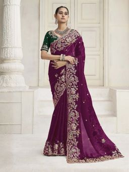 Odette - Purple Satin Embroidered Saree with Unstitched Blouse