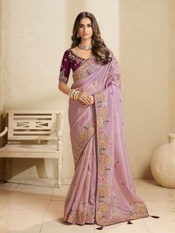Odette - Lavender Satin Thread Work Embroidered Saree with Unstitched Blouse