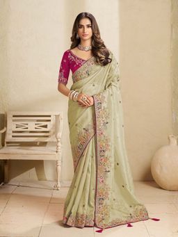 Odette - Pista Green Satin Embroidered Saree with Unstitched Blouse