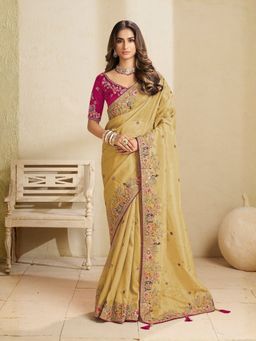 Odette - Yellow Satin Embroidered Saree with Unstitched Blouse