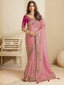 Odette - Pink Satin Embroidered Saree with Unstitched Blouse