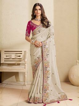 Odette - Cream Satin Embroidered Saree with Unstitched Blouse