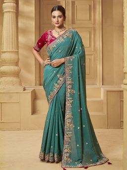 Odette - Teal Green Silk Blend Embellished Saree with Unstitched Blouse