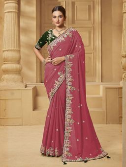 Odette - Pink Silk Blend Embellished Saree with Unstitched Blouse