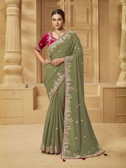 Odette - Olive Green Silk Blend Embellished Saree with Unstitched Blouse