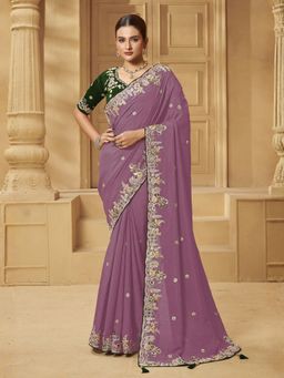 Odette - Lavender Silk Blend Embellished Saree with Unstitched Blouse