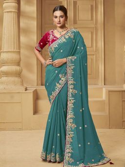 Odette - Teal Blue Silk Blend Embellished Saree with Unstitched Blouse