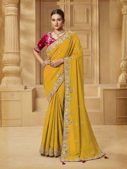 Odette - Yellow Silk Blend Embellished Saree with Unstitched Blouse