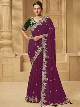 Odette - Mauve Silk Blend Embellished Saree with Unstitched Blouse