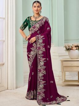 Odette - Wine Satin Embellished Saree with Unstitched Blouse