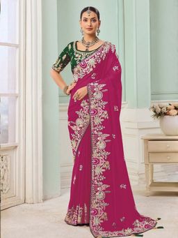 Odette - Dark Pink Satin Embellished Saree with Unstitched Blouse