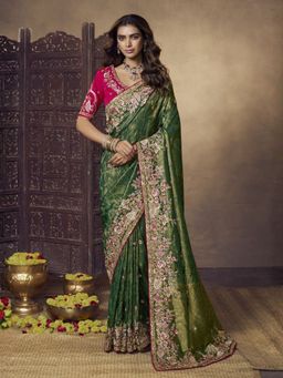Odette - Dark Olive Satin Embellished Saree with Unstitched Blouse