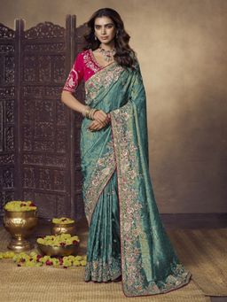 Odette - Teal Satin Embellished Saree with Unstitched Blouse