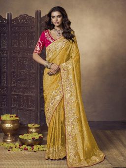 Odette - Yellow Satin Embellished Saree with Unstitched Blouse