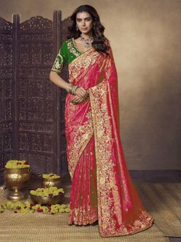 Odette - Red Satin Embellished Saree with Unstitched Blouse