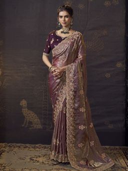 Odette - Dark Mauve Satin Embellished Saree with Unstitched Blouse