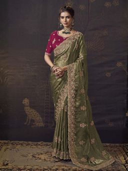 Odette - Olive Green Satin Embellished Saree with Unstitched Blouse