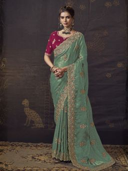 Odette - Teal Green Satin Embellished Saree with Unstitched Blouse
