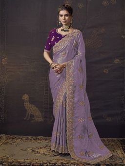 Odette - Lavender Satin Embellished Saree with Unstitched Blouse