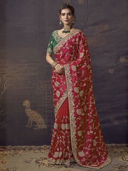 Odette - Red Organza Silk Embroidered Saree with Unstitched Blouse
